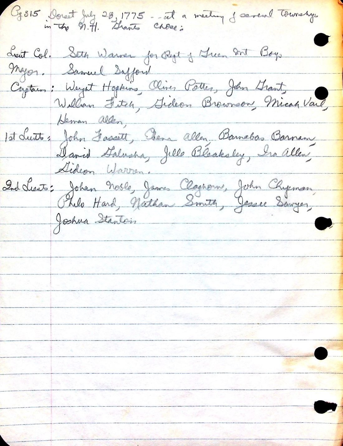 Green Mountain Boys Dorset Convention 1775 selection of officers